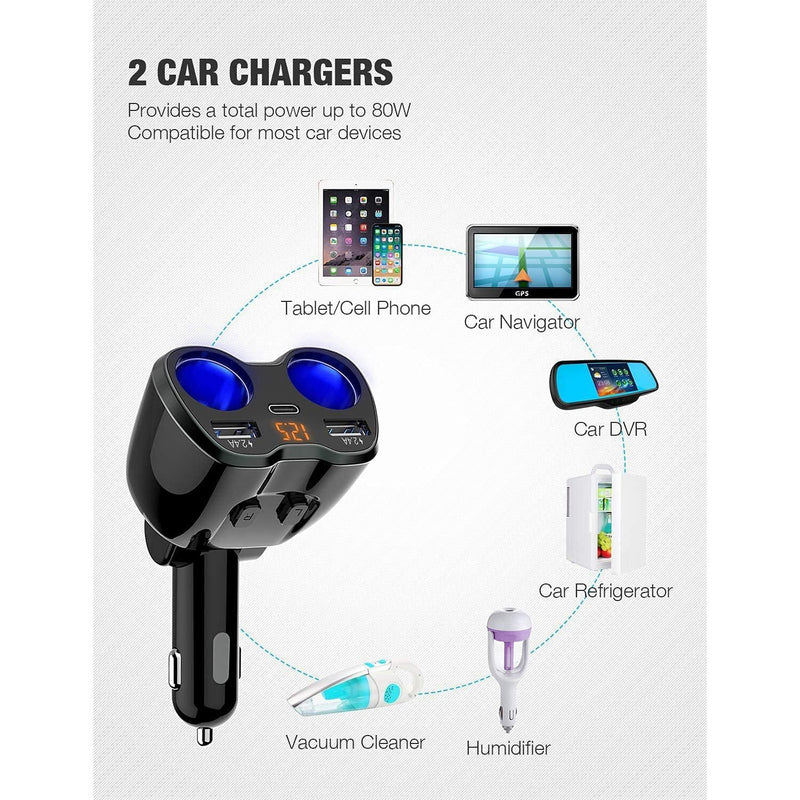 2 Socket 12/24V 80W Dual USB Car Charger Separate Switch LED Voltage Display - Fry's Superstore