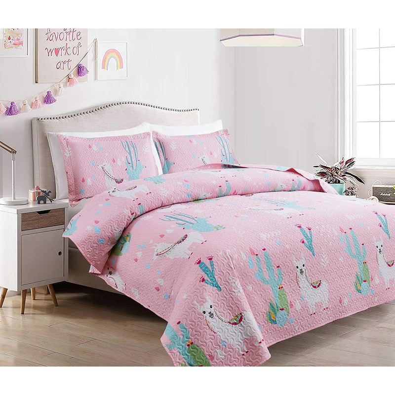 3-Piece Kids Pink Summer Comforter Quilt Bedspread, Girls Alpaca Cactus Theme - Fry's Superstore