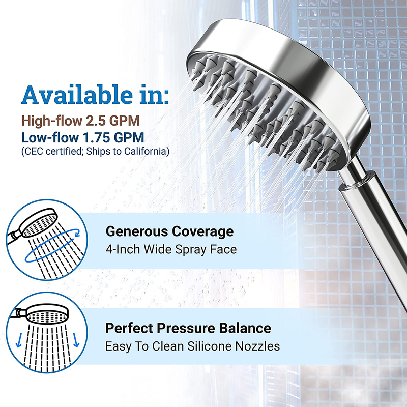 High Pressure All Metal Handheld Shower Head with Hose and Brass Holder - Polished Chrome