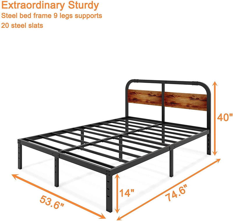 Full-Size Platform Bed Frame with Rustic Solid Wood Headboard, No Box Spring Needed - Fry's Superstore
