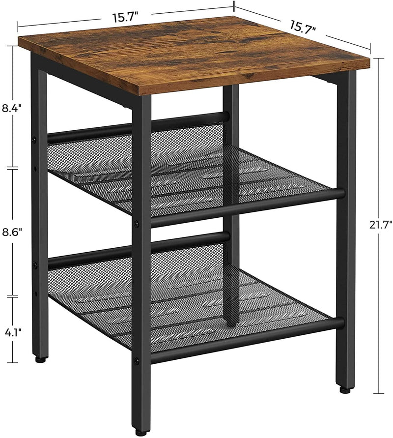 Metal Frame End Table, Nightstand with 2 Adjustable Mesh Shelves, Rustic Brown and Black - Fry's Superstore