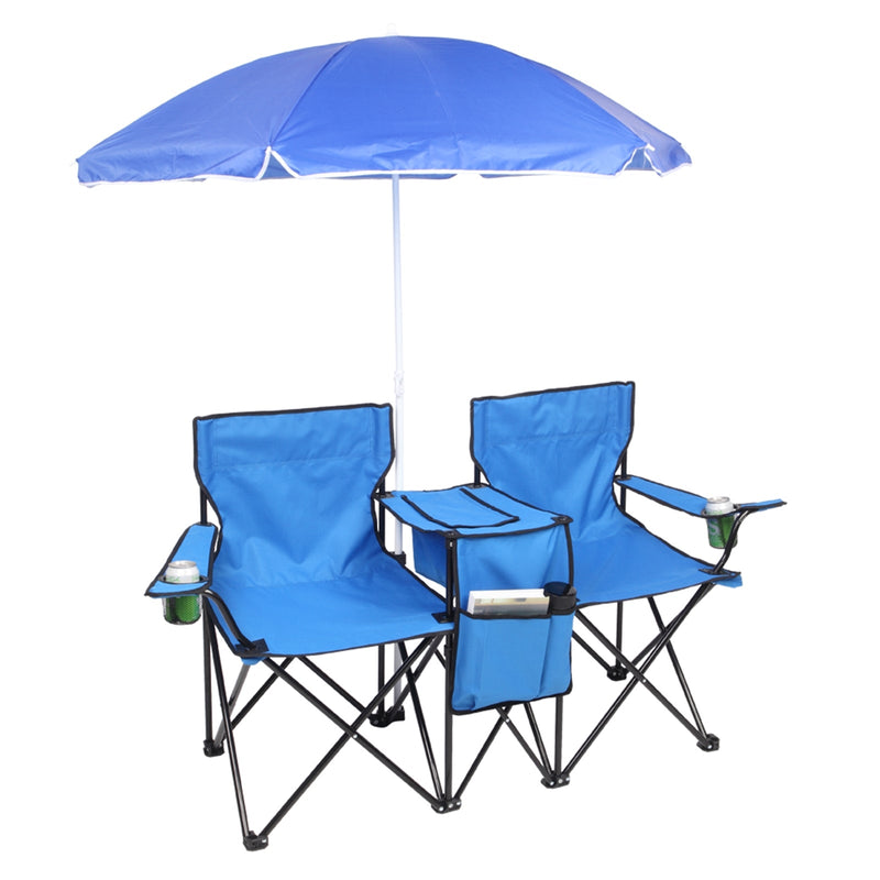 Portable Outdoor 2-Seat Folding Chair with Removable Sun Umbrella Blue - Fry's Superstore