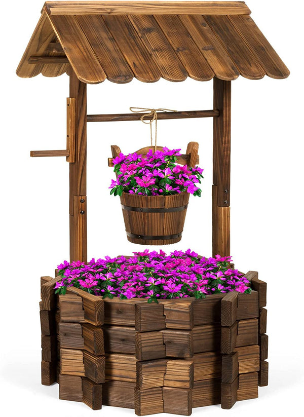 Rustic Wooden Wishing Well Planter Outdoor Home Décor for Patio, Garden, Yard with Hanging Bucket - Fry's Superstore