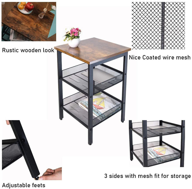 Set of 2 Living Room End Tables, Industrial Bedroom Nightstand Table with Mesh Shelves, Brown - Fry's Superstore