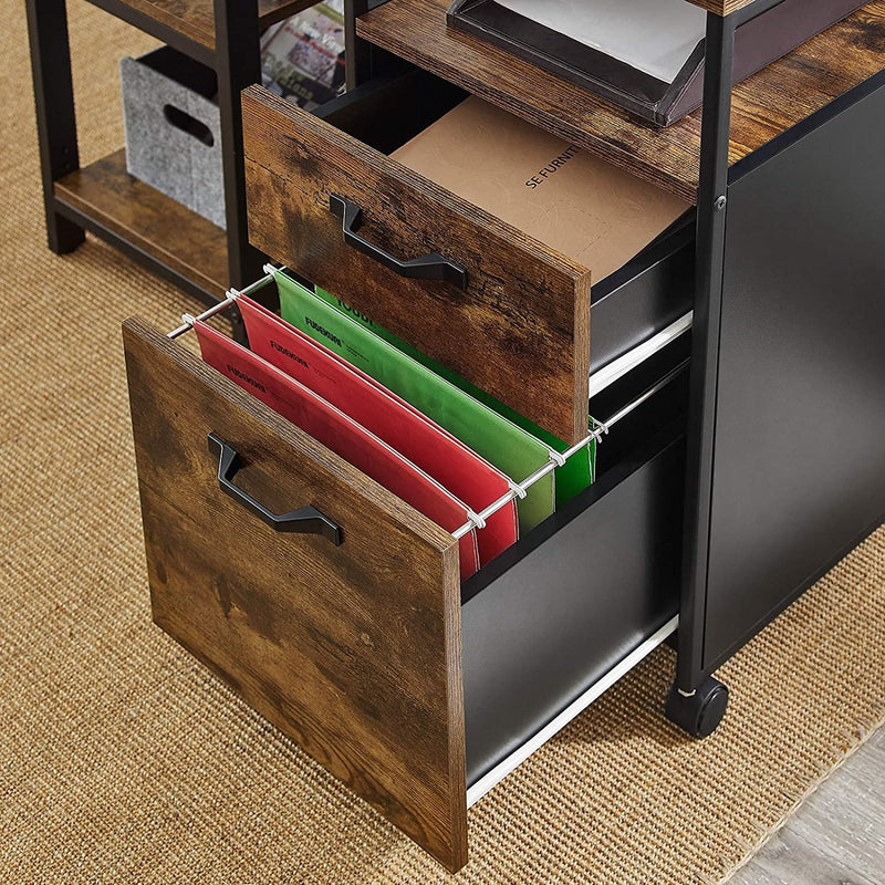 VASAGLE Open Shelf Industrial Rolling Office Filing Cabinet with 2 Drawers Rustic Brown and Black - Fry's Superstore